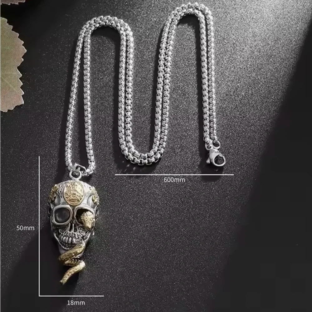 Silver and Gold Skull Pendant with Snake‎ Design